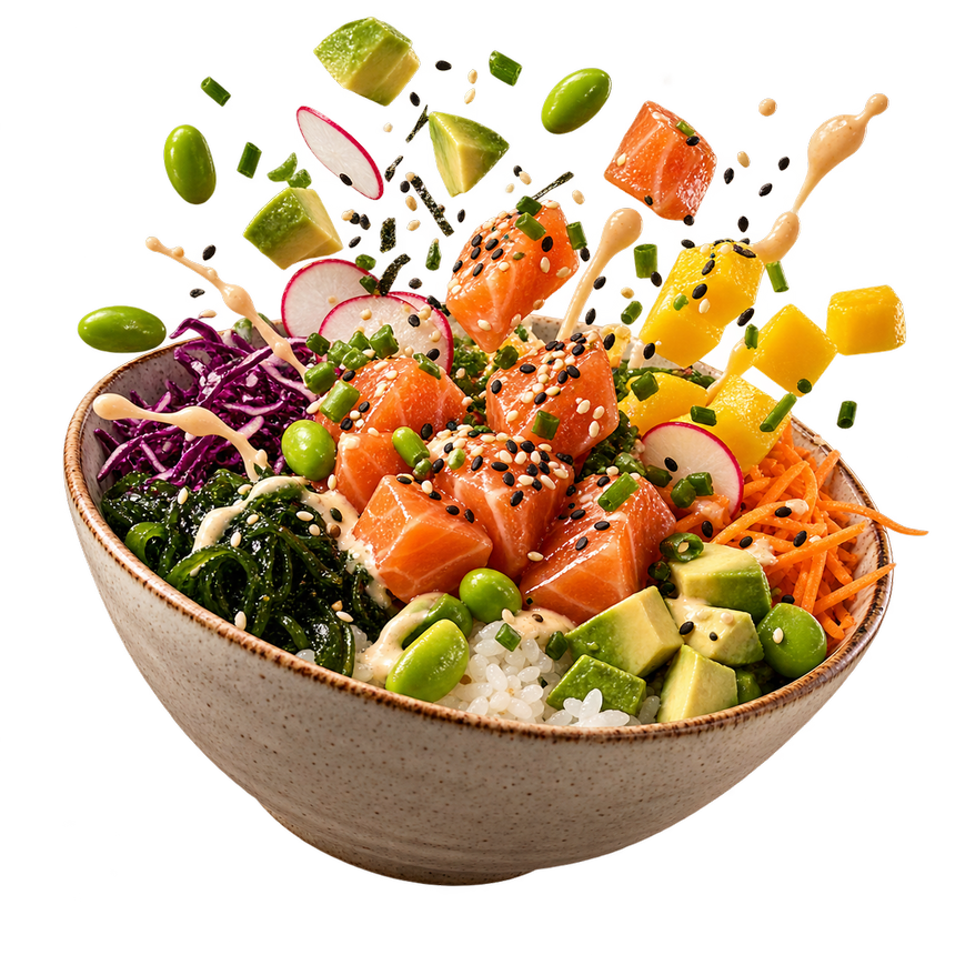 Poké bowl de salmón con aguacate, edamame y mango