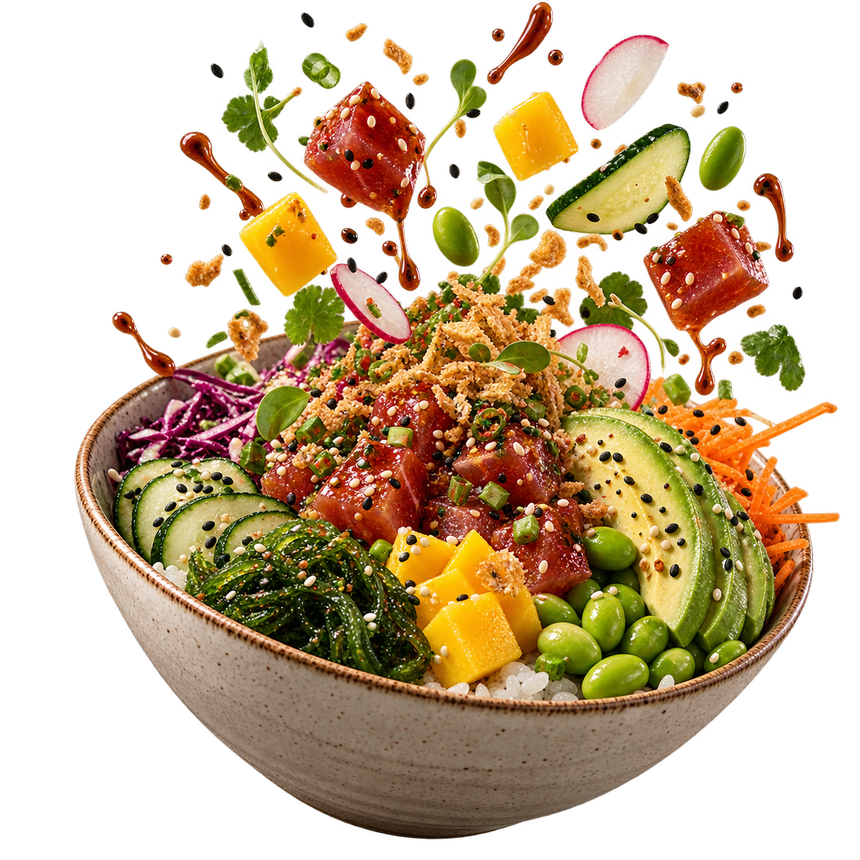 Poké Kohala con atún rojo, mango y edamame