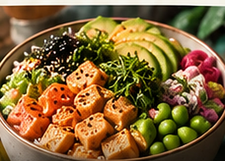 Poké vegano con tofu ahumado y quinoa