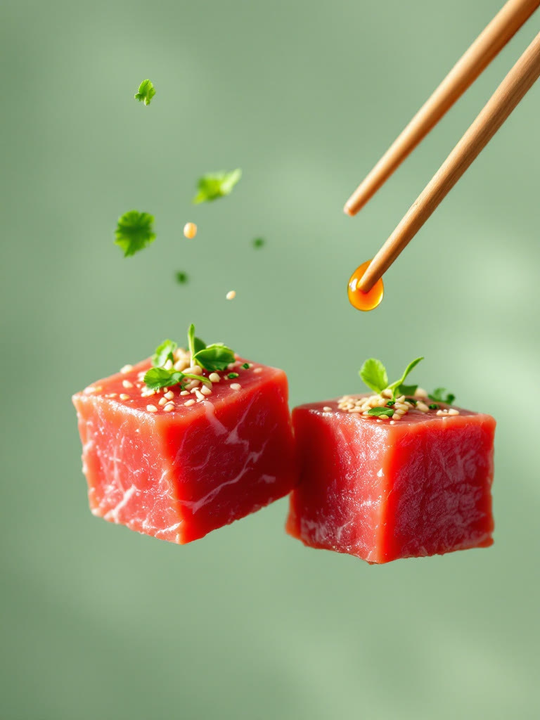 Bluefin tuna cubes held with chopsticks
