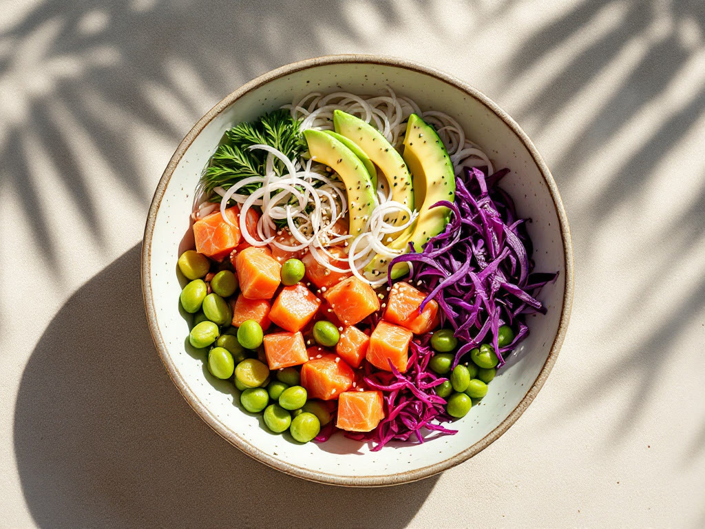 Salmon poke bowl on the sand