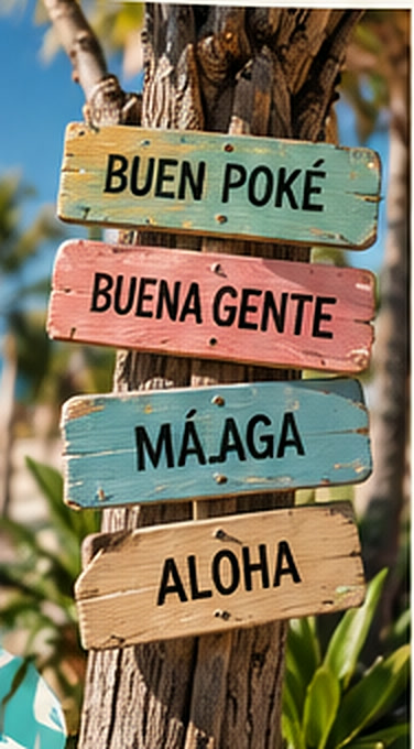 Carteles de madera: buen poké, buena gente, aloha