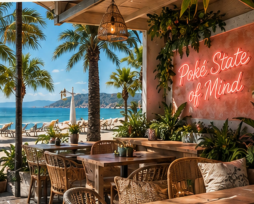 Terraza de Kohala Poké junto a la playa de Marbella