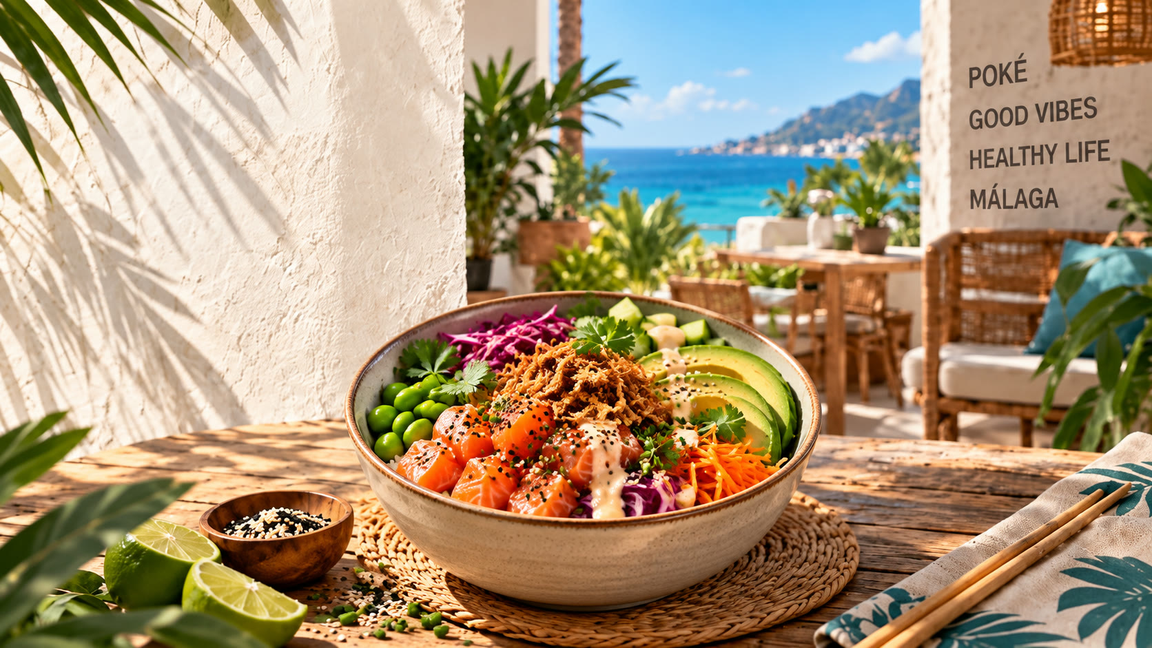 Poké bowl de salmón recién hecho frente al mar