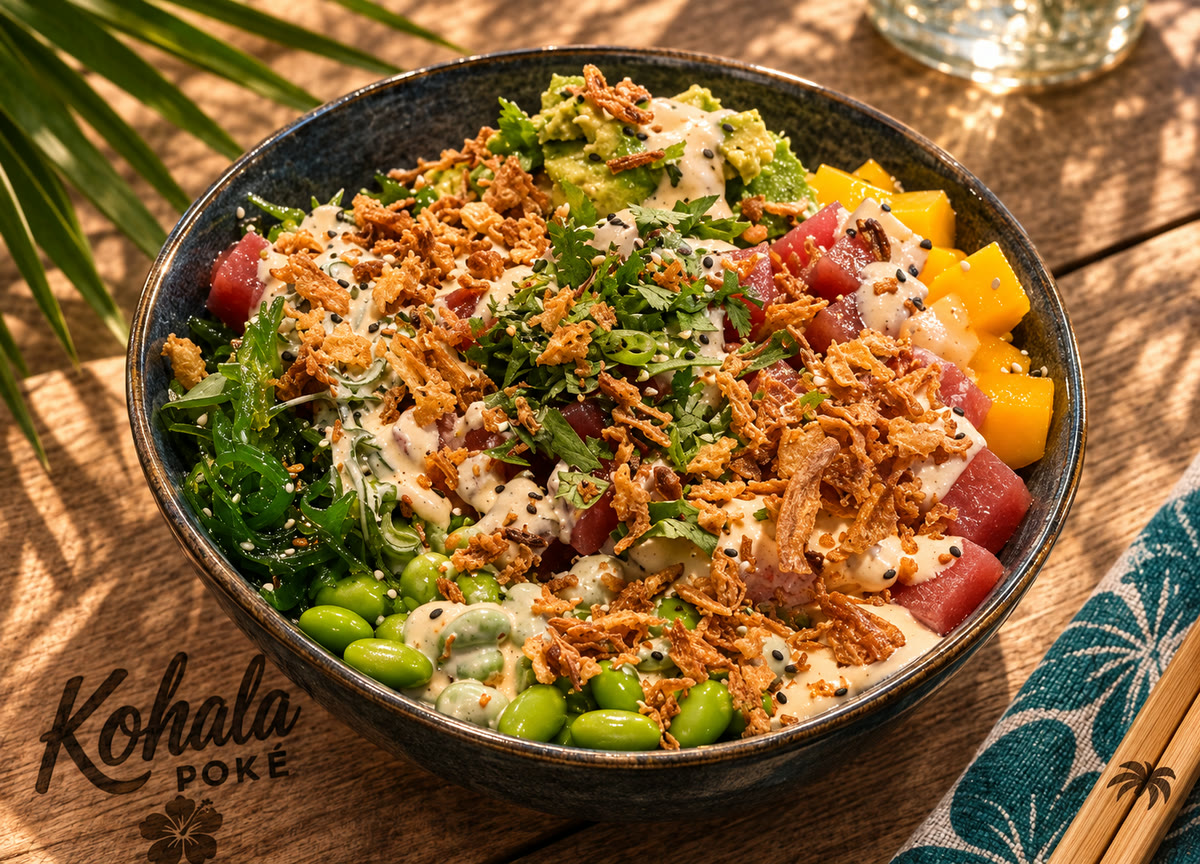 Poké bowl de Kohala con atún, mango y edamame